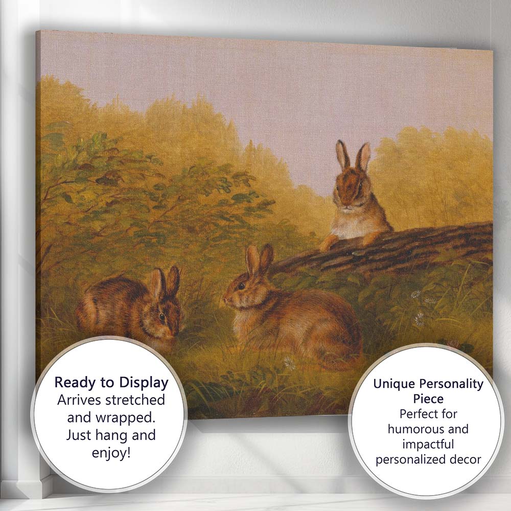Autumn Rabbit Trio in Meadow Countryside Wildlife Painting Canvas Wall Art Print Decor Picture Ready to Hang