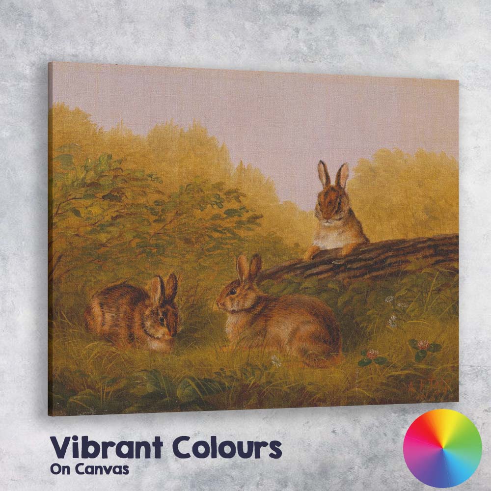 Autumn Rabbit Trio in Meadow Countryside Wildlife Painting Canvas Wall Art Print Decor Picture Ready to Hang