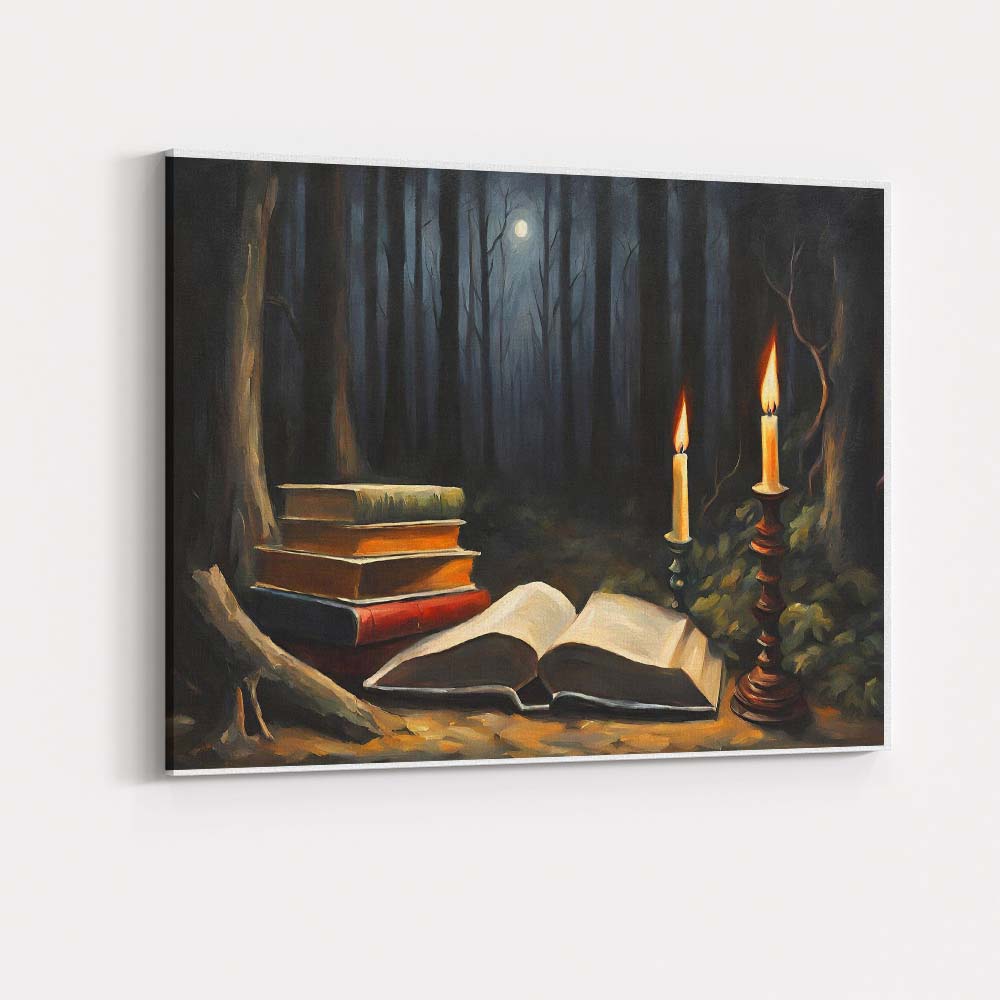 Moonlit Forest Books and Candlelight Dark Academia Canvas Wall Art Print Decor Picture Ready to Hang