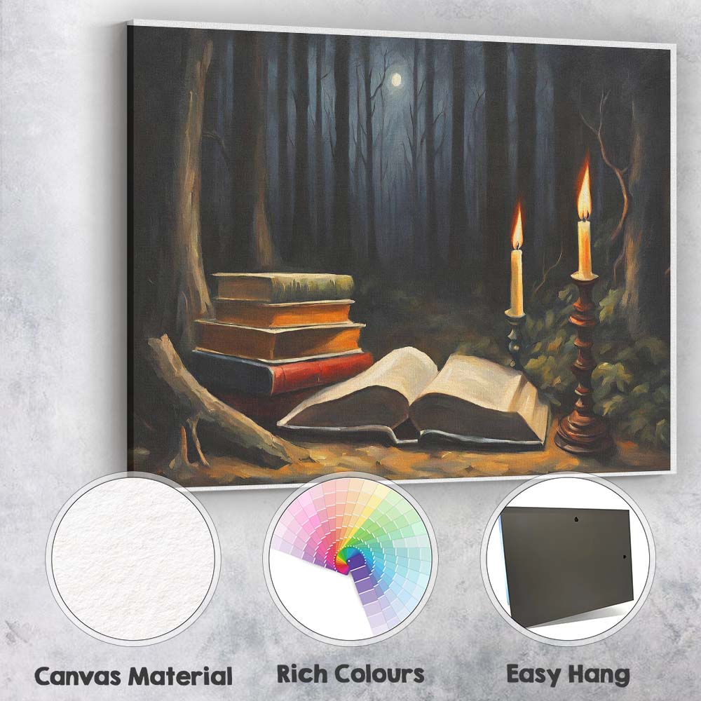 Moonlit Forest Books and Candlelight Dark Academia Canvas Wall Art Print Decor Picture Ready to Hang