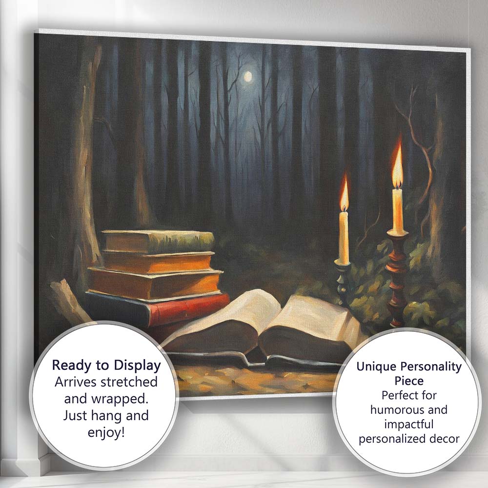 Moonlit Forest Books and Candlelight Dark Academia Canvas Wall Art Print Decor Picture Ready to Hang
