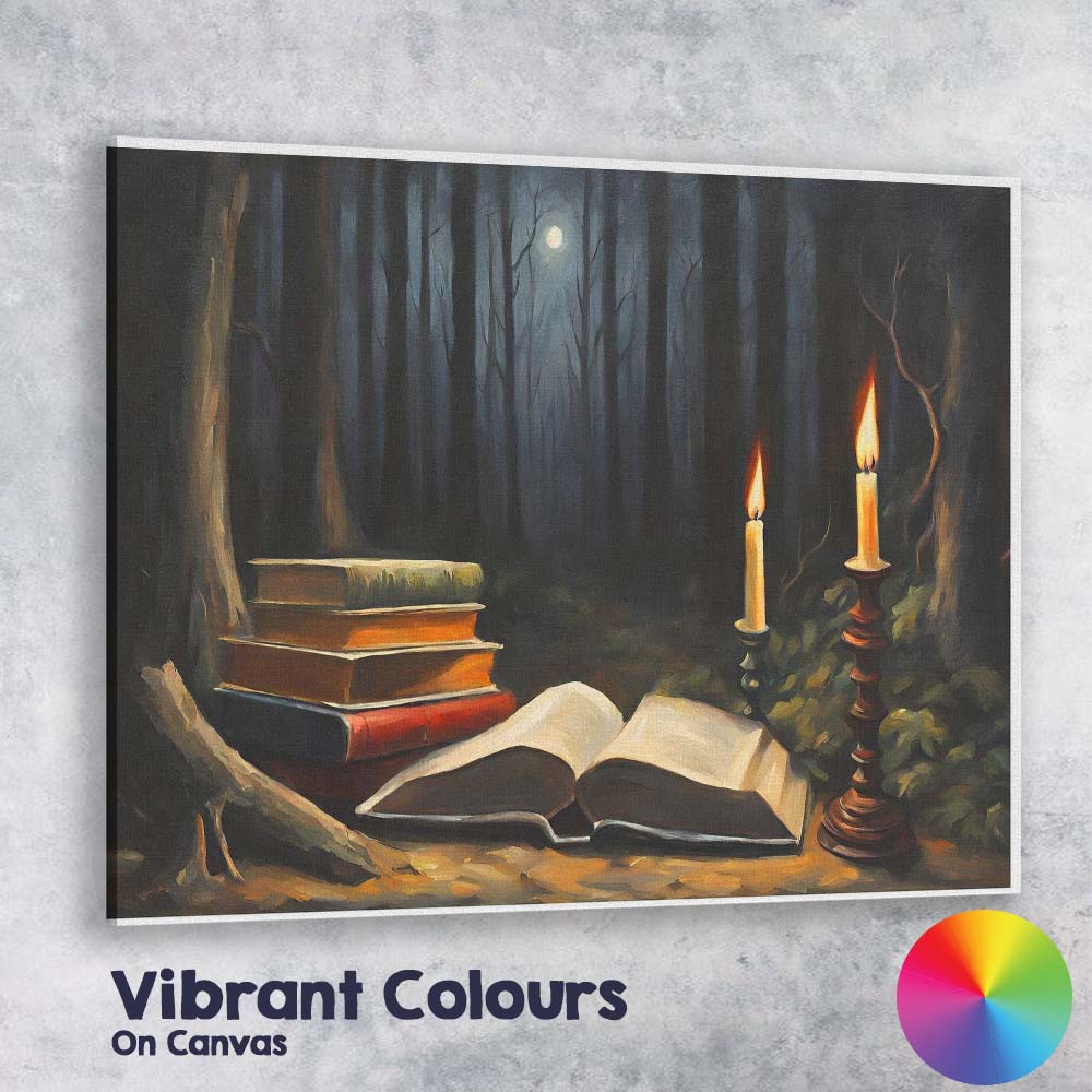 Moonlit Forest Books and Candlelight Dark Academia Canvas Wall Art Print Decor Picture Ready to Hang