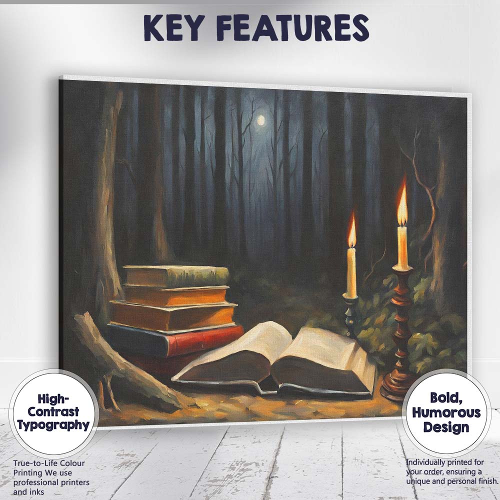 Moonlit Forest Books and Candlelight Dark Academia Canvas Wall Art Print Decor Picture Ready to Hang