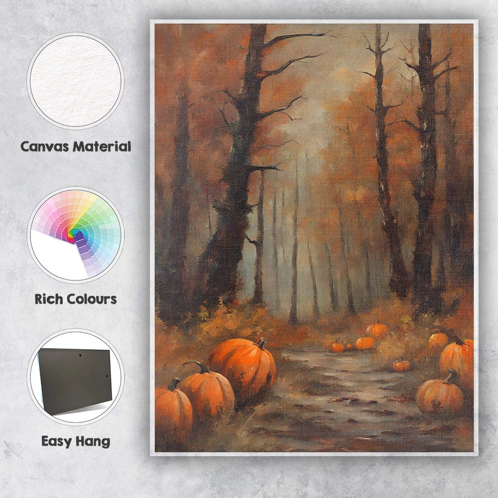 Autumn Pumpkin Woodland Forest Path Seasonal Painting Canvas Wall Art Print Decor Picture Ready to Hang