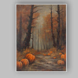 Autumn Pumpkin Woodland Forest Path Seasonal Painting Canvas Wall Art Print Decor Picture Ready to Hang