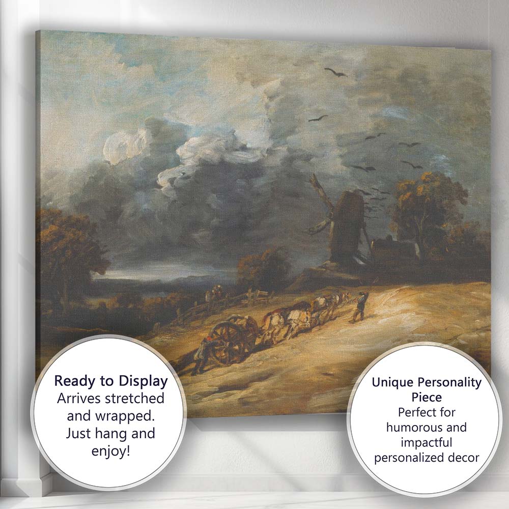 Dark Moody Windmill Storm Cloud Rural Landscape Painting Canvas Wall Art Print Decor Picture Ready to Hang
