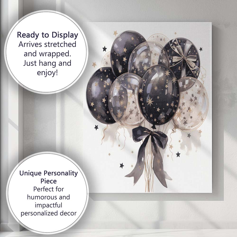 Black Gold Celestial Starry Party Balloons Watercolour Illustration Canvas Wall Art Print Decor Picture Ready to Hang