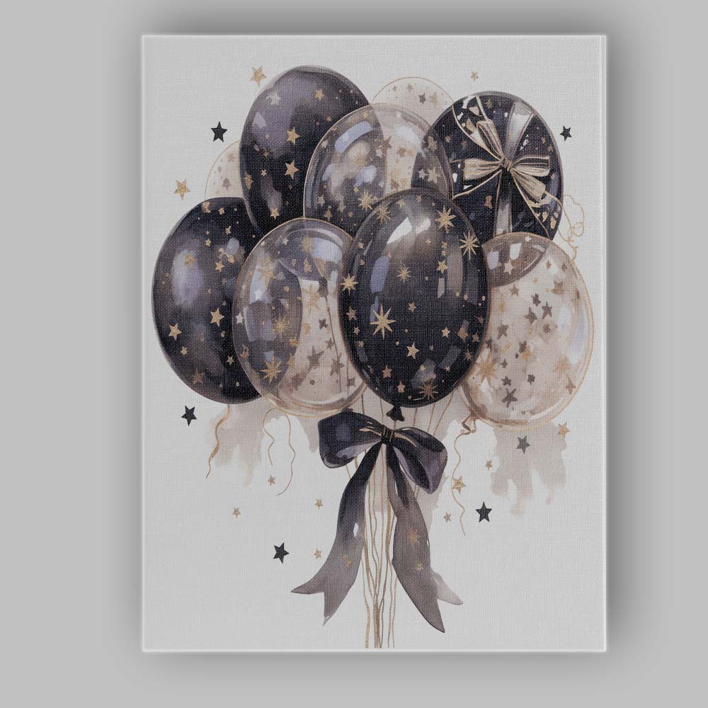 Black Gold Celestial Starry Party Balloons Watercolour Illustration Canvas Wall Art Print Decor Picture Ready to Hang