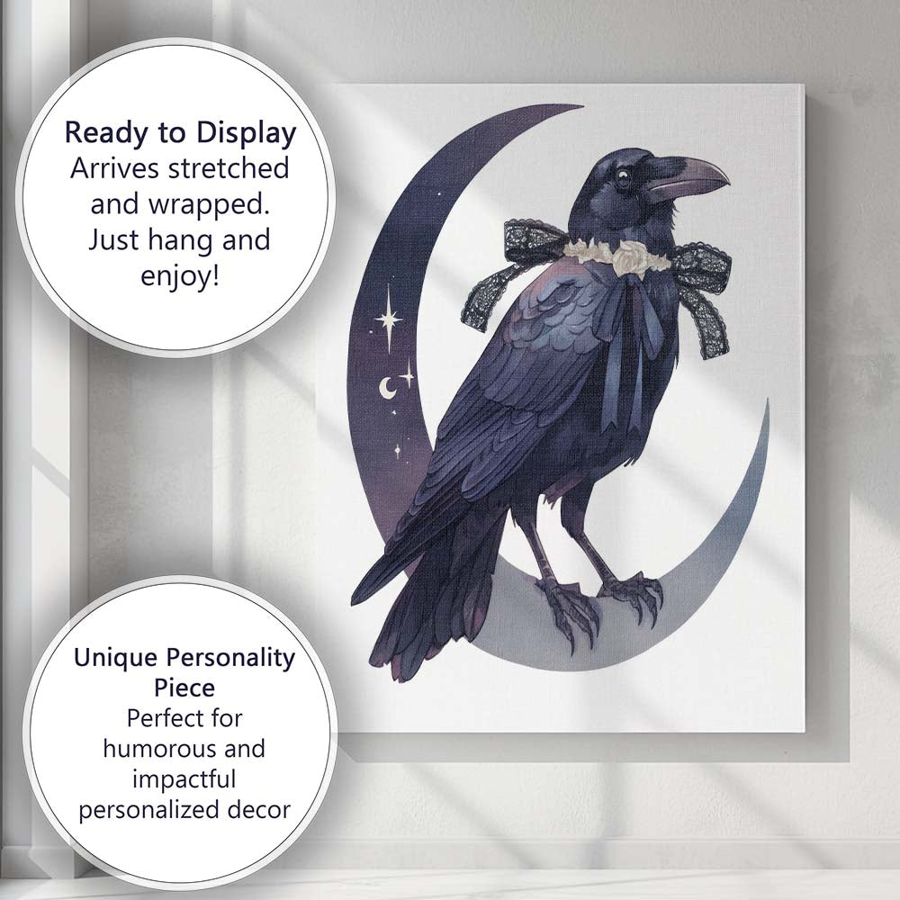Mystical Raven Crescent Moon Gothic Fantasy Illustration Canvas Wall Art Print Decor Picture Ready to Hang