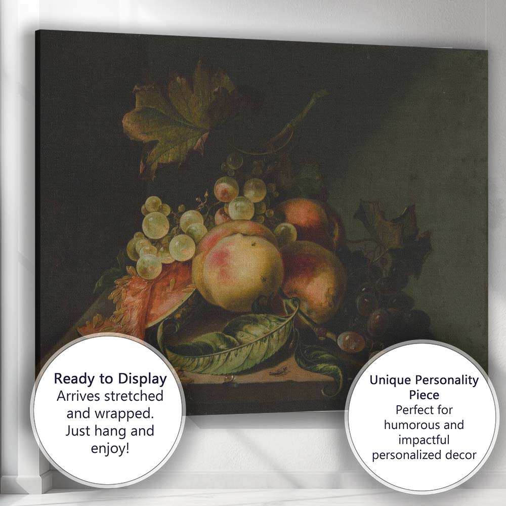 Dutch Master Fruit Still Life With Grapes Melon And Peaches Canvas Wall Art Print Decor Picture Ready to Hang