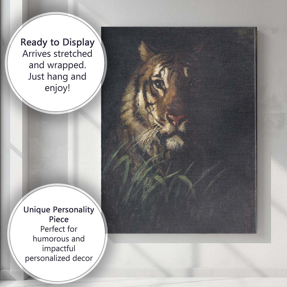 Dark Tiger Portrait Emerging From Forest Shadows Canvas Wall Art Print Decor Picture Ready to Hang