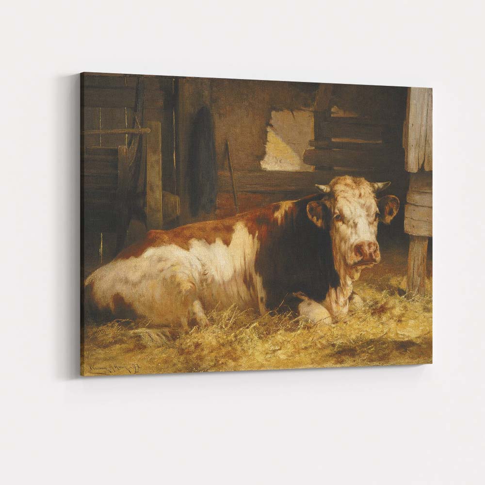Resting Brown And White Farm Cow Barn Interior Canvas Wall Art Print Decor Picture Ready to Hang