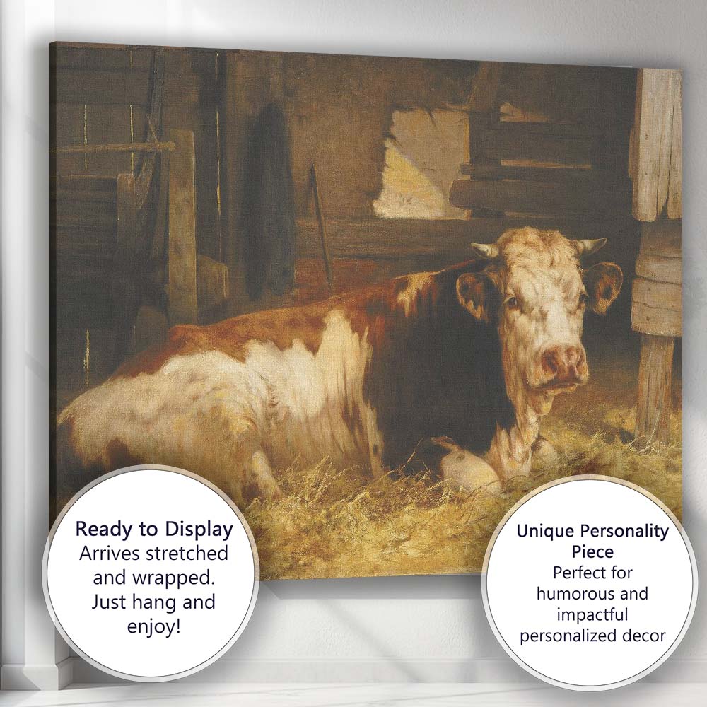Resting Brown And White Farm Cow Barn Interior Canvas Wall Art Print Decor Picture Ready to Hang