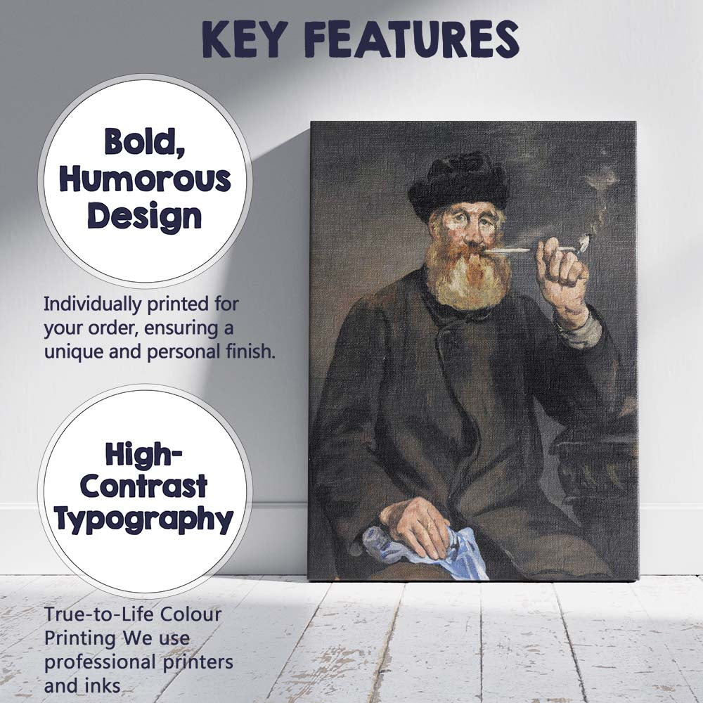 Bearded Gentleman Smoking Pipe Classic Portrait Canvas Wall Art Print Decor Picture Ready to Hang