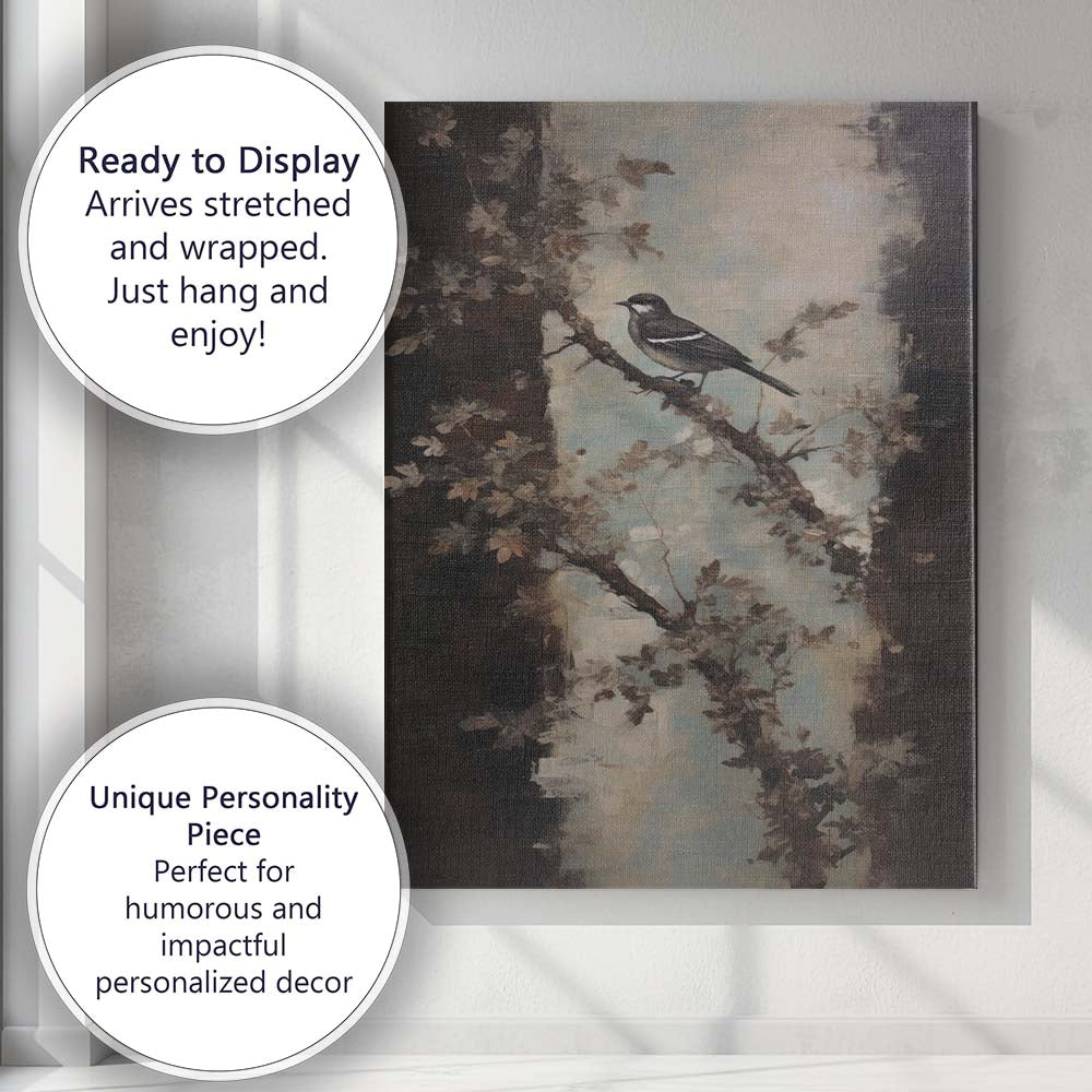 Elegant Songbird on Blossom Branch Contemporary Nature Canvas Wall Art Print Decor Picture Ready to Hang