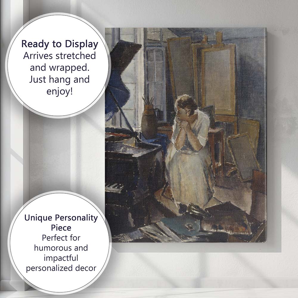 Thoughtful Woman in Artist Studio Interior Impressionist Painting Canvas Wall Art Print Decor Picture Ready to Hang