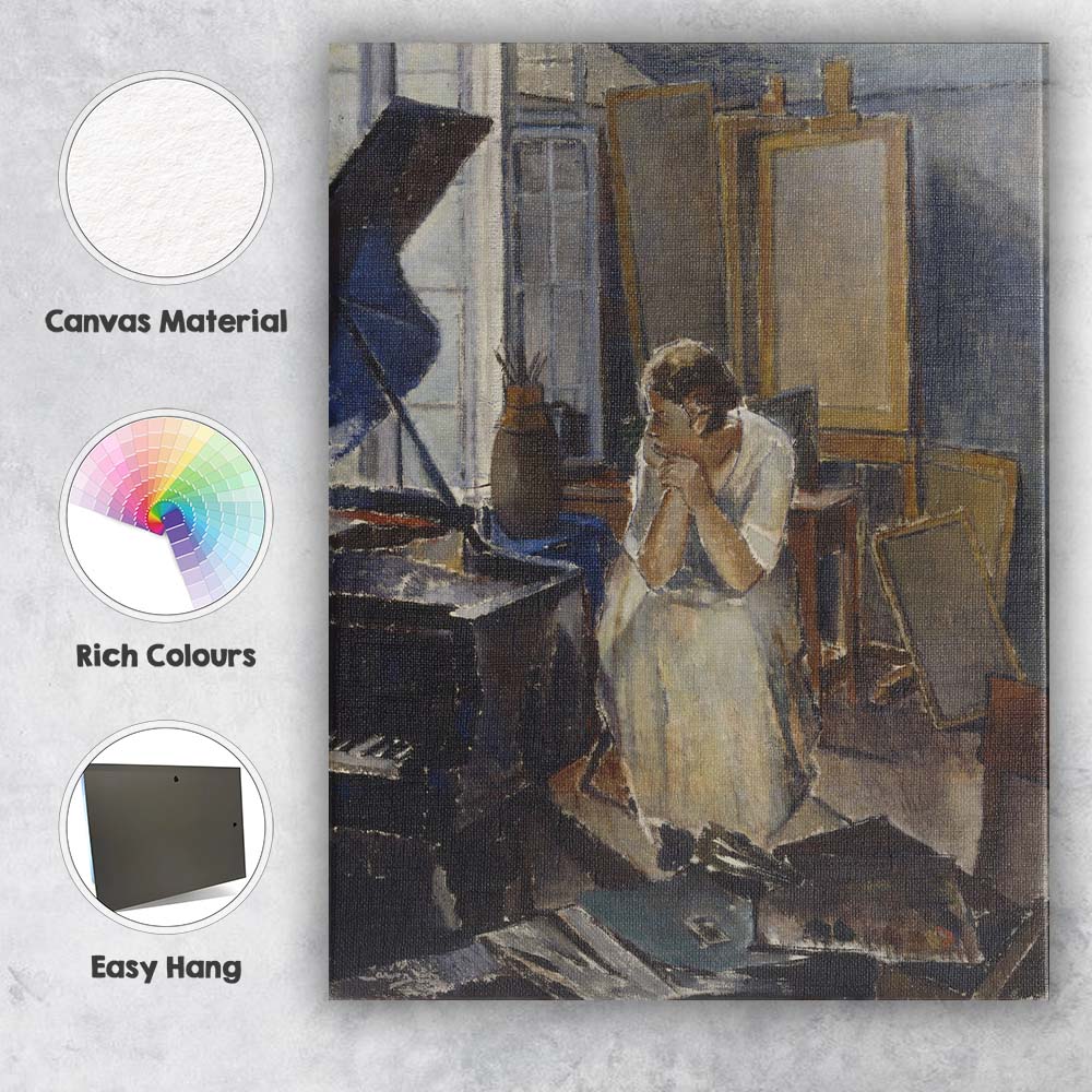 Thoughtful Woman in Artist Studio Interior Impressionist Painting Canvas Wall Art Print Decor Picture Ready to Hang