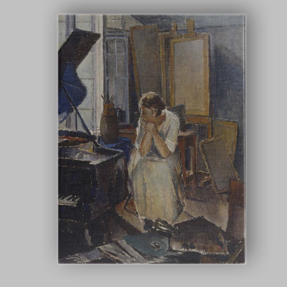 Thoughtful Woman in Artist Studio Interior Impressionist Painting Canvas Wall Art Print Decor Picture Ready to Hang