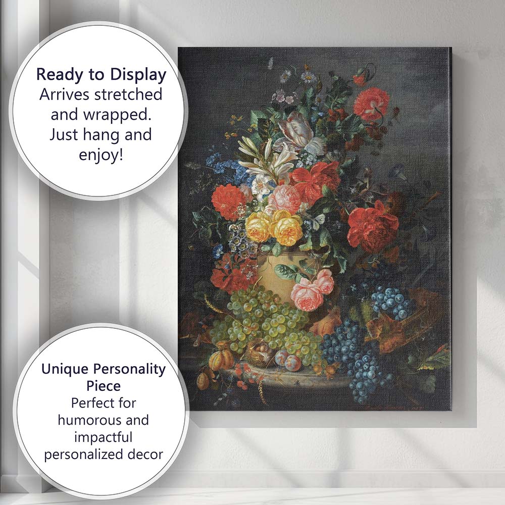 Dutch Floral Arrangement with Grapes and Garden Blooms Canvas Wall Art Print Decor Picture Ready to Hang