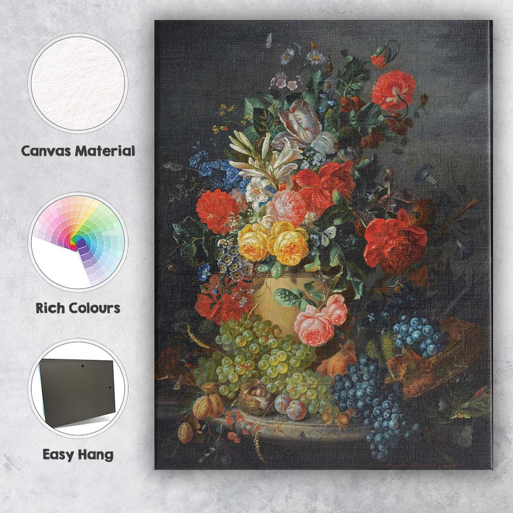 Dutch Floral Arrangement with Grapes and Garden Blooms Canvas Wall Art Print Decor Picture Ready to Hang