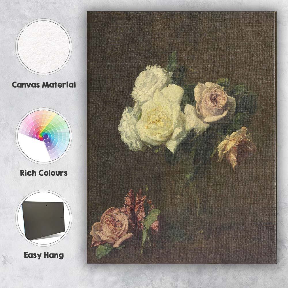 White Rose Bouquet Dark Background Romantic Floral Canvas Wall Art Print Decor Picture Ready to Hang