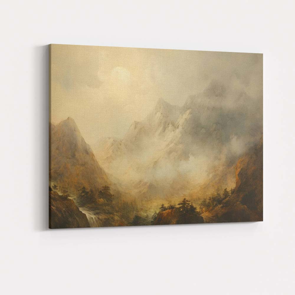 Ethereal Alpine Peaks Foggy Mountain Landscape Painting Canvas Wall Art Print Decor Picture Ready to Hang
