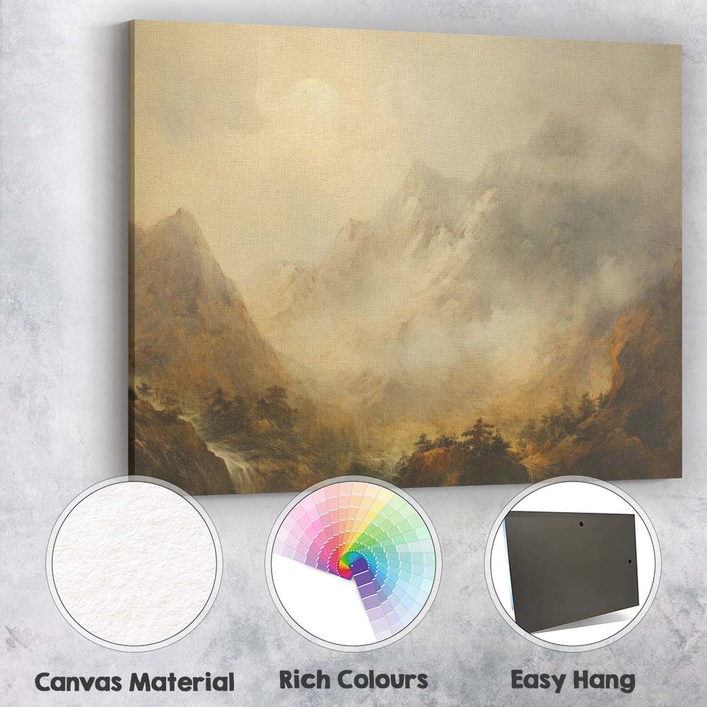 Ethereal Alpine Peaks Foggy Mountain Landscape Painting Canvas Wall Art Print Decor Picture Ready to Hang