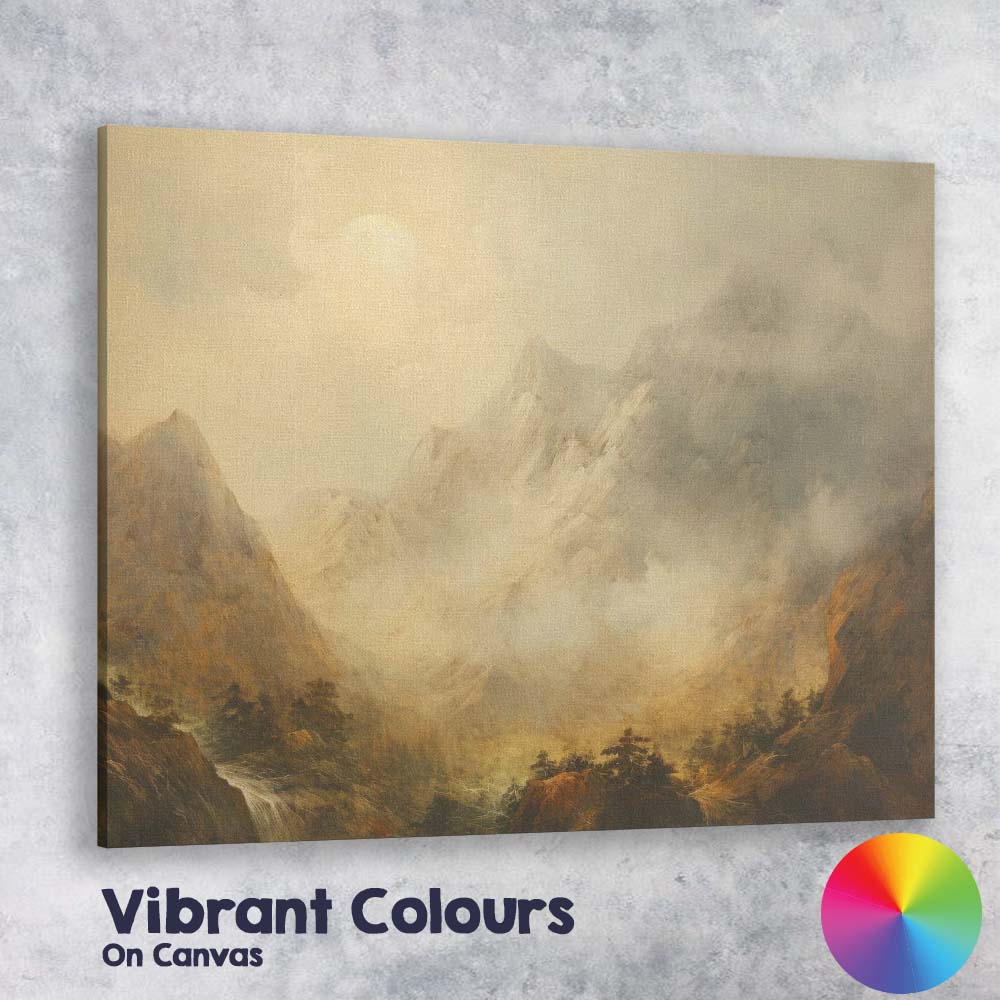 Ethereal Alpine Peaks Foggy Mountain Landscape Painting Canvas Wall Art Print Decor Picture Ready to Hang