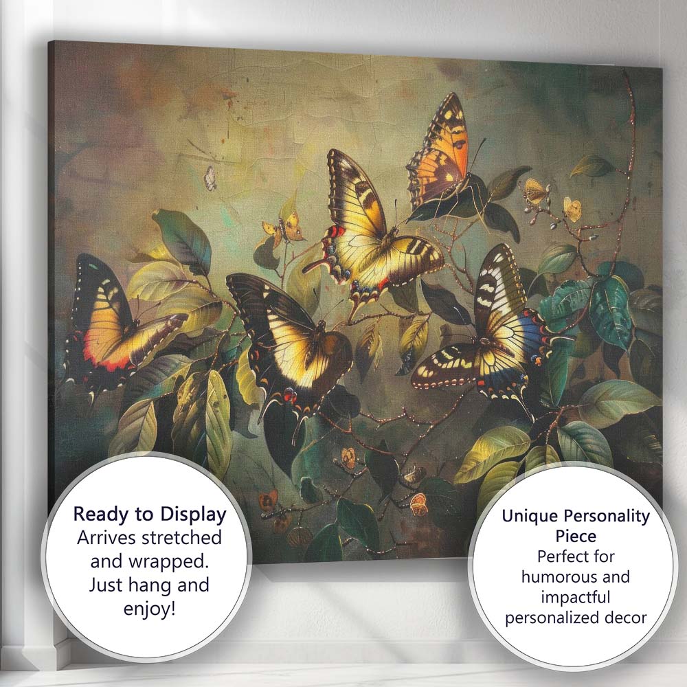 Colourful Butterflies On Botanical Foliage Nature Artwork Canvas Wall Art Print Decor Picture Ready to Hang