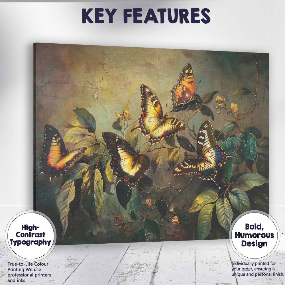 Colourful Butterflies On Botanical Foliage Nature Artwork Canvas Wall Art Print Decor Picture Ready to Hang