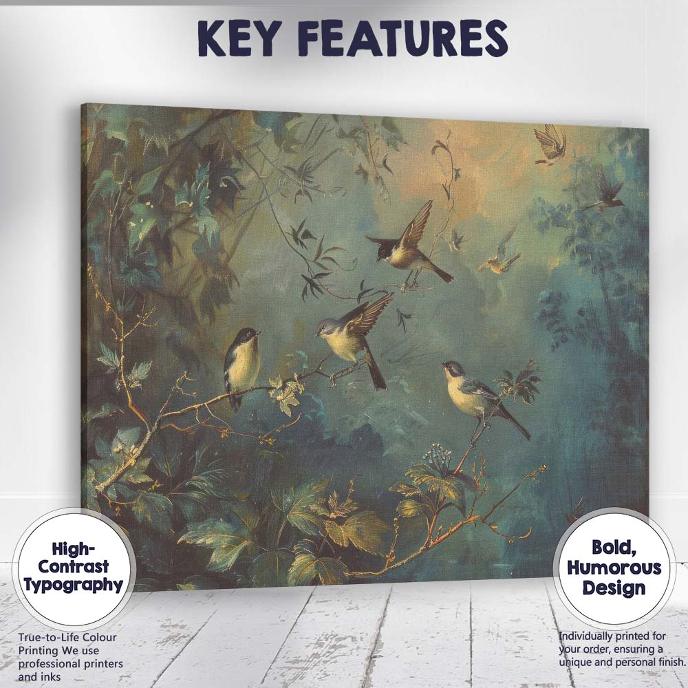 Woodland Songbirds In Enchanted Forest Nature Painting Canvas Wall Art Print Decor Picture Ready to Hang