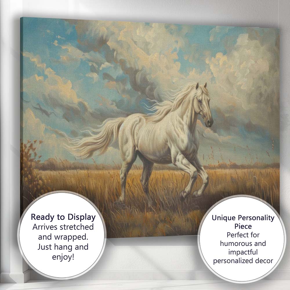 Majestic White Horse Running Through Meadow Landscape Canvas Wall Art Print Decor Picture Ready to Hang