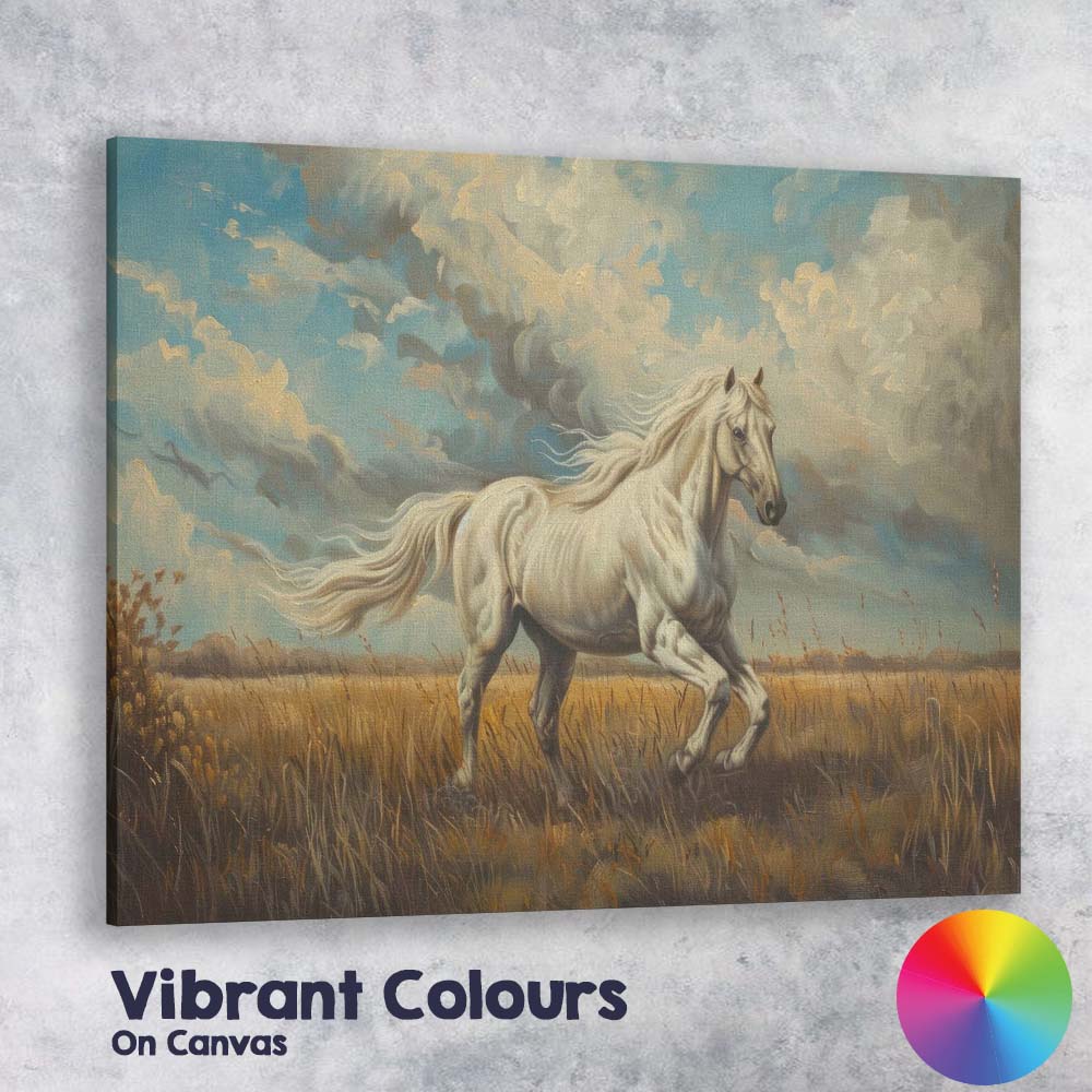 Majestic White Horse Running Through Meadow Landscape Canvas Wall Art Print Decor Picture Ready to Hang