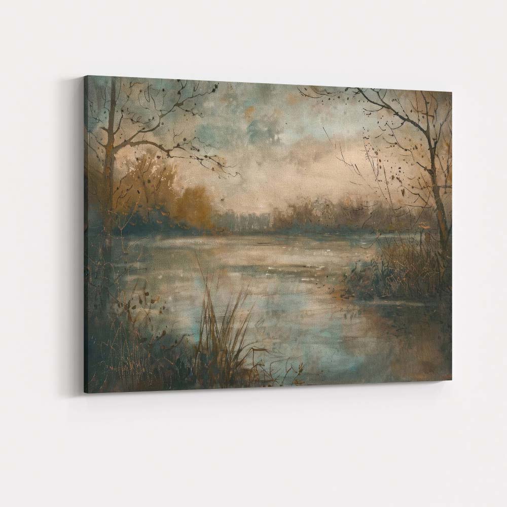 Tranquil Misty Lake Waterside Watercolour Landscape Canvas Wall Art Print Decor Picture Ready to Hang