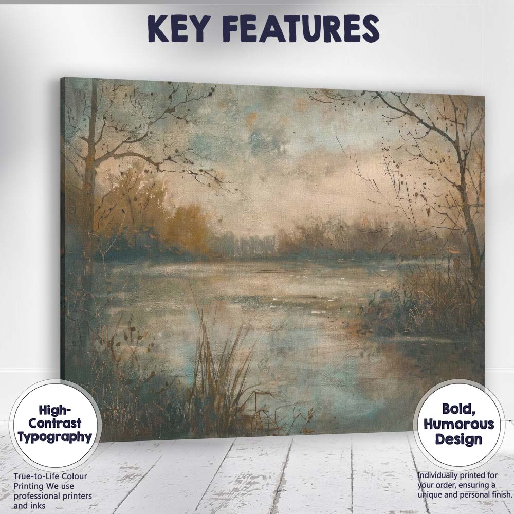 Tranquil Misty Lake Waterside Watercolour Landscape Canvas Wall Art Print Decor Picture Ready to Hang