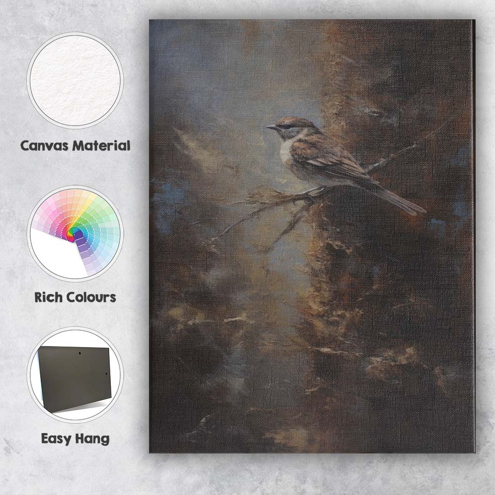 Moody Woodland Sparrow Bird Textured Oil Painting Canvas Wall Art Print Decor Picture Ready to Hang