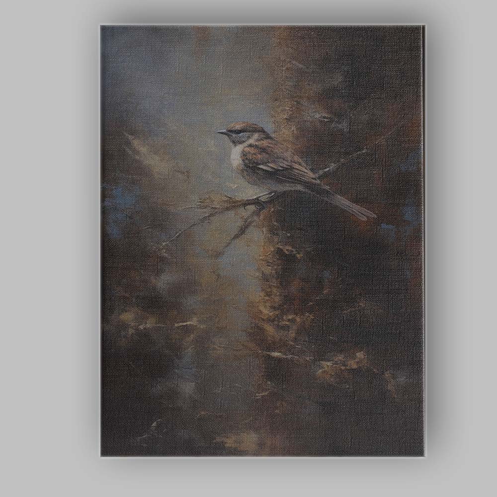 Moody Woodland Sparrow Bird Textured Oil Painting Canvas Wall Art Print Decor Picture Ready to Hang