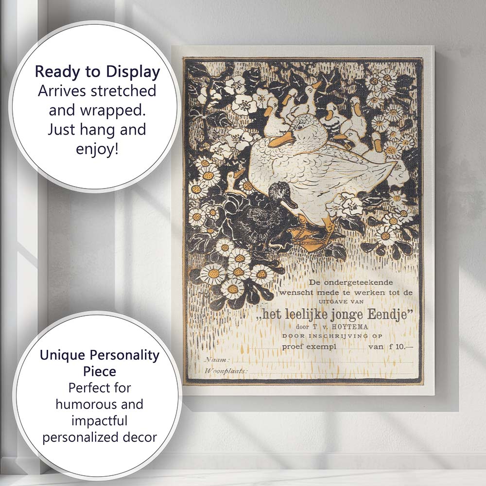 Art Nouveau Duckling and Daisy Floral Decorative Book Illustration Canvas Wall Art Print Decor Picture Ready to Hang