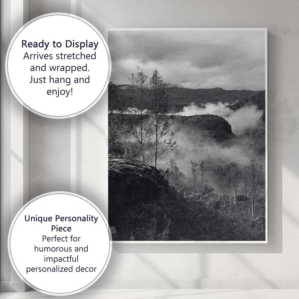 Misty Mountain Valley Black and White Nordic Landscape Photography Canvas Wall Art Print Decor Picture Ready to Hang
