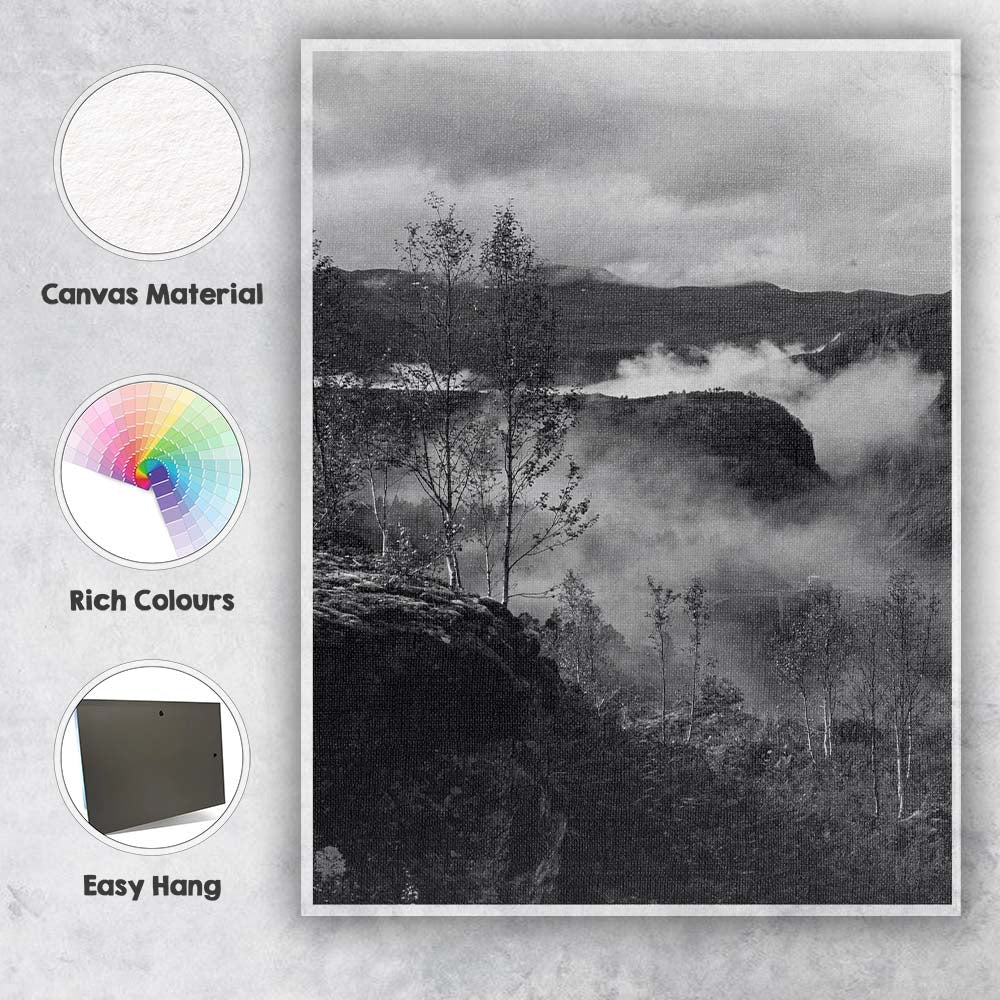 Misty Mountain Valley Black and White Nordic Landscape Photography Canvas Wall Art Print Decor Picture Ready to Hang