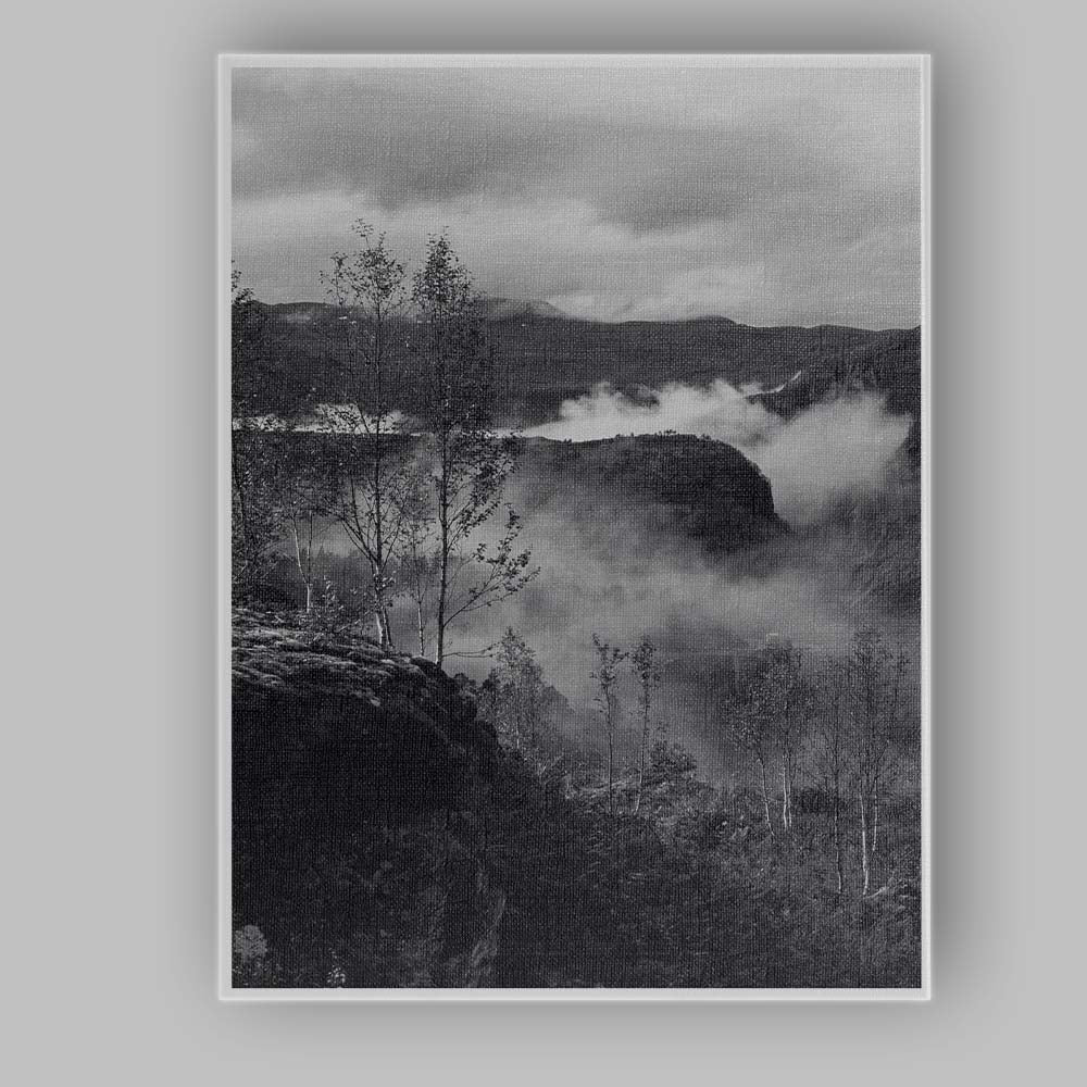 Misty Mountain Valley Black and White Nordic Landscape Photography Canvas Wall Art Print Decor Picture Ready to Hang
