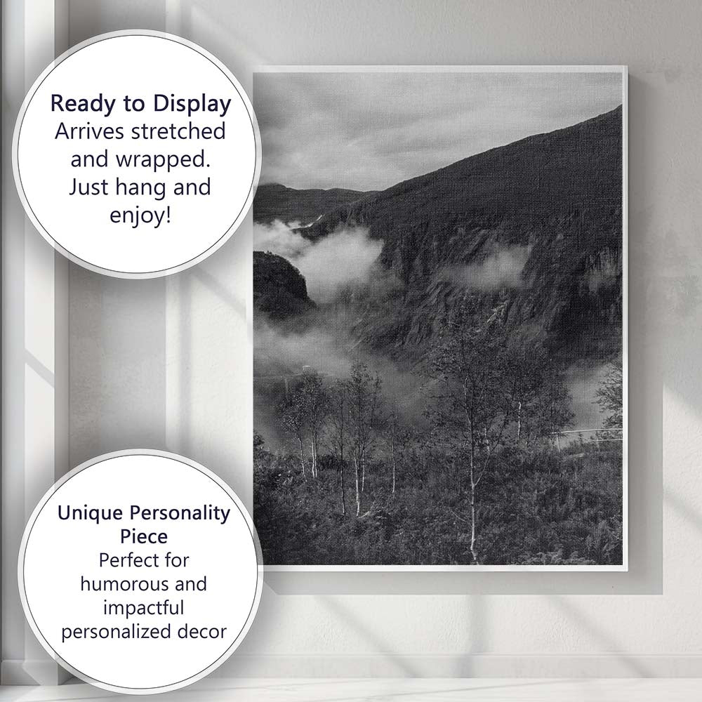 Fog Covered Canyon Black and White Dramatic Nature Photography Canvas Wall Art Print Decor Picture Ready to Hang