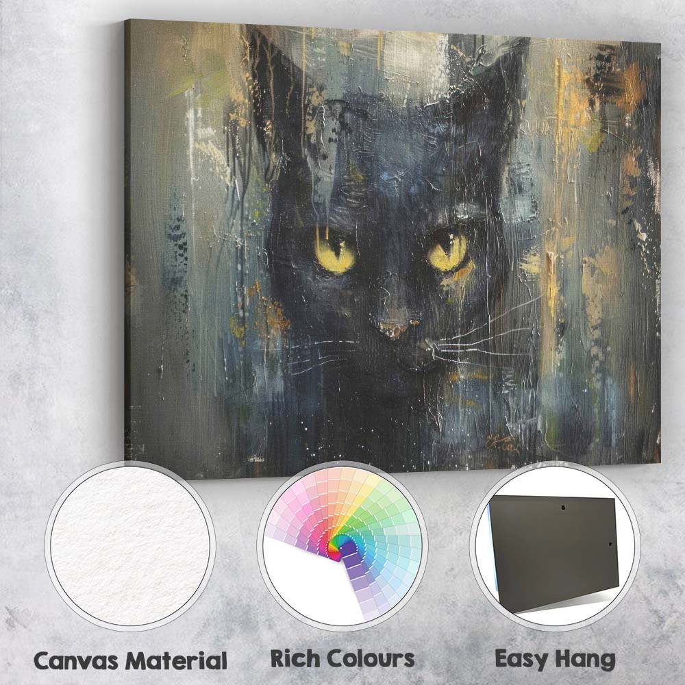 Dark Black Cat Abstract Expressionist Animal Portrait Canvas Wall Art Print Decor Picture Ready to Hang