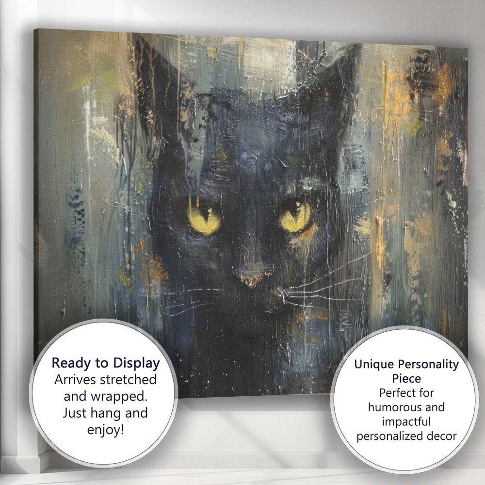 Dark Black Cat Abstract Expressionist Animal Portrait Canvas Wall Art Print Decor Picture Ready to Hang