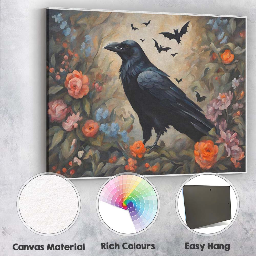 Gothic Raven with Bats and Romantic Flowers Fantasy Artwork Canvas Wall Art Print Decor Picture Ready to Hang