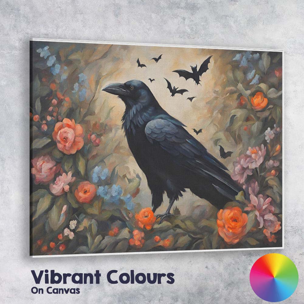 Gothic Raven with Bats and Romantic Flowers Fantasy Artwork Canvas Wall Art Print Decor Picture Ready to Hang