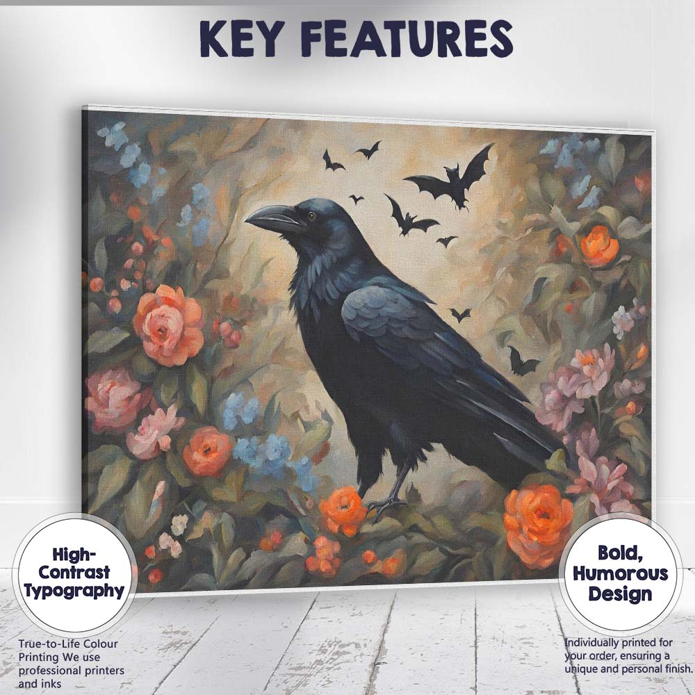 Gothic Raven with Bats and Romantic Flowers Fantasy Artwork Canvas Wall Art Print Decor Picture Ready to Hang