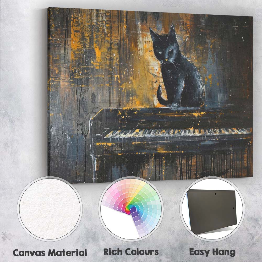 Black Cat Sitting on Piano Moody Abstract Gothic Painting Canvas Wall Art Print Decor Picture Ready to Hang
