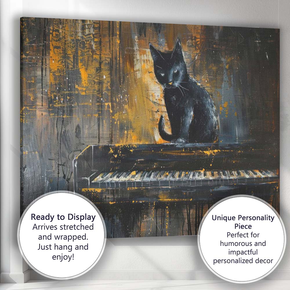 Black Cat Sitting on Piano Moody Abstract Gothic Painting Canvas Wall Art Print Decor Picture Ready to Hang