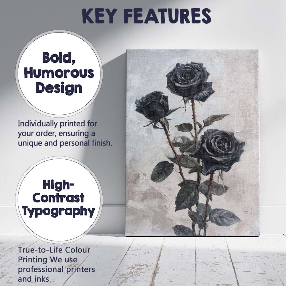 Elegant Black Rose Botanical Floral Still Life Painting Canvas Wall Art Print Decor Picture Ready to Hang